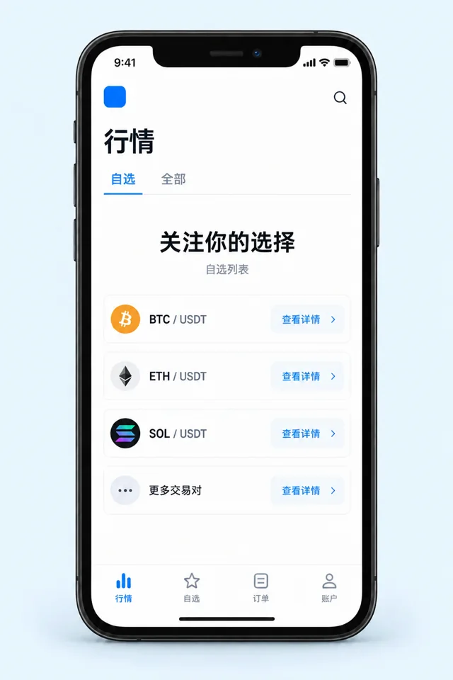 手机中的行情与自选列表,展示交易对及查看详情入口